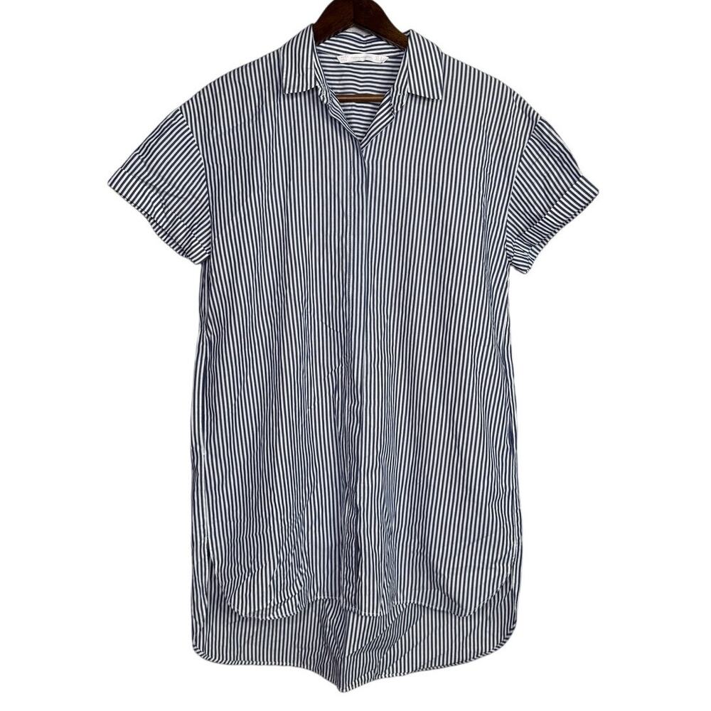 Zara Skipper Tunic Stripe Collar Cuffed Shortsleeve Button Coverup Shirt Dress S